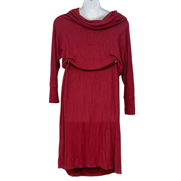 AnyBody Sz 1X Cowl-Neck Dress Drawstring Waist Rib Knit Garnet Red A623540 - Picture 3 of 13